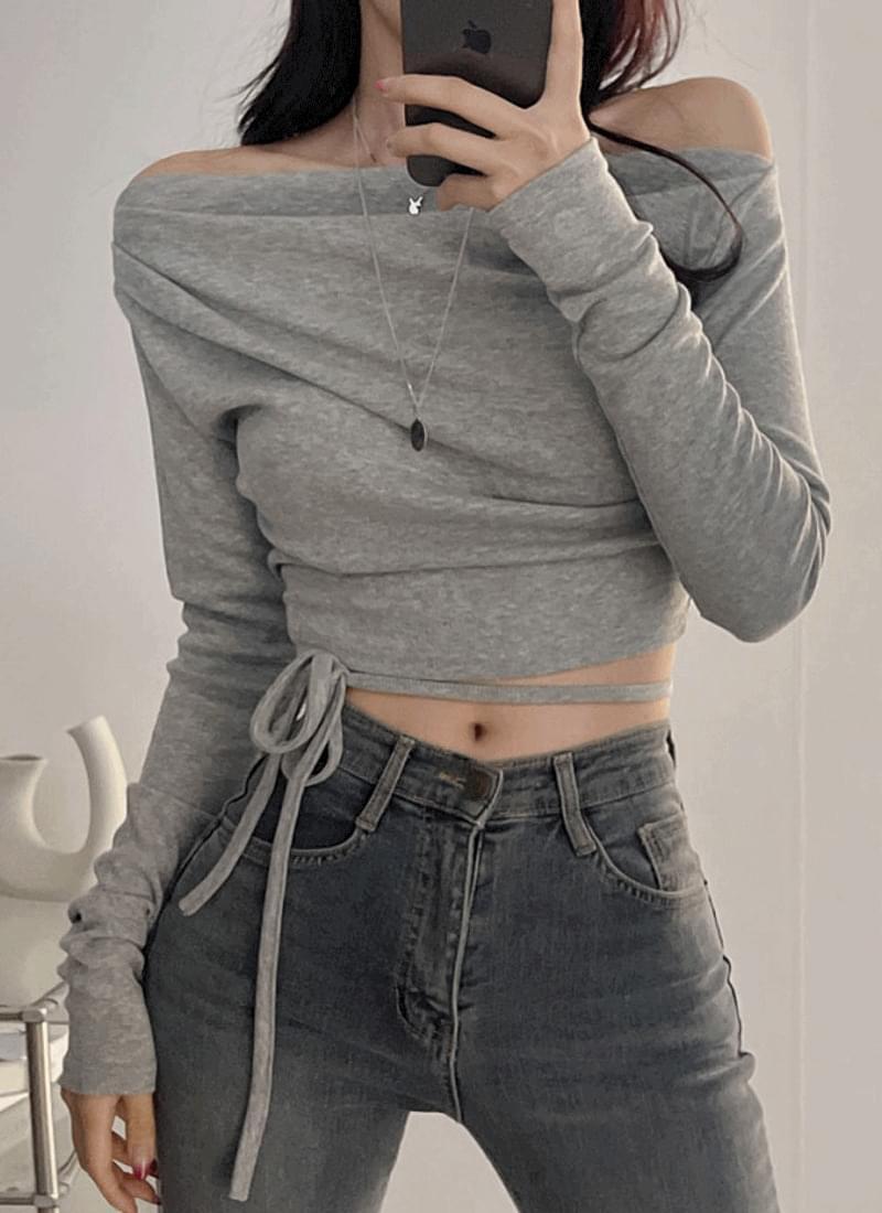 I am the best fit, shirring lip neck, unbuttoned, off-shoulder, waist strap, ribbon, long sleeve t-shirt 4 colors (Ships Today)