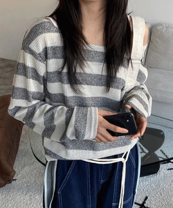 Rouzumi Striped off-shoulder lip neck Loose-fit long sleeve spring Knitwear 2 colors