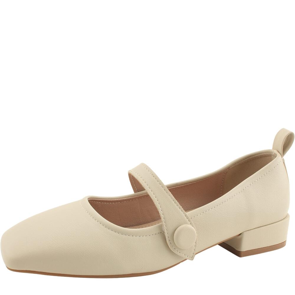 Square toe Mary Jane high heel low heel flat loafer beige
