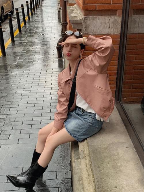 Collar blouson hidden button leather leather jacket O#YW017