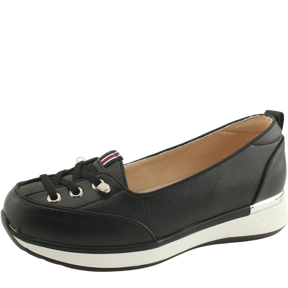 Cowhide three-stripe strap height-raising wedge heel loafers 5cm black