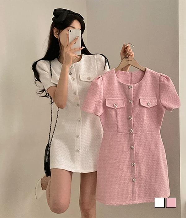 Jewel button tweed wedding guest look short sleeve mini Dress