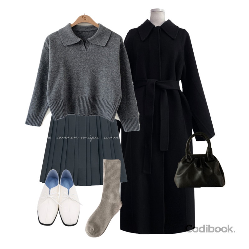 BEIDELLI 캐시 오픈카라 니트,MAENIQUE 스텝 리본 로퍼,AWAB 워머골지롱양말 -5color등을 매치한 코디