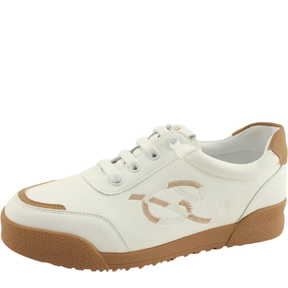 Cowhide embroidery banding lace-up sneakers white