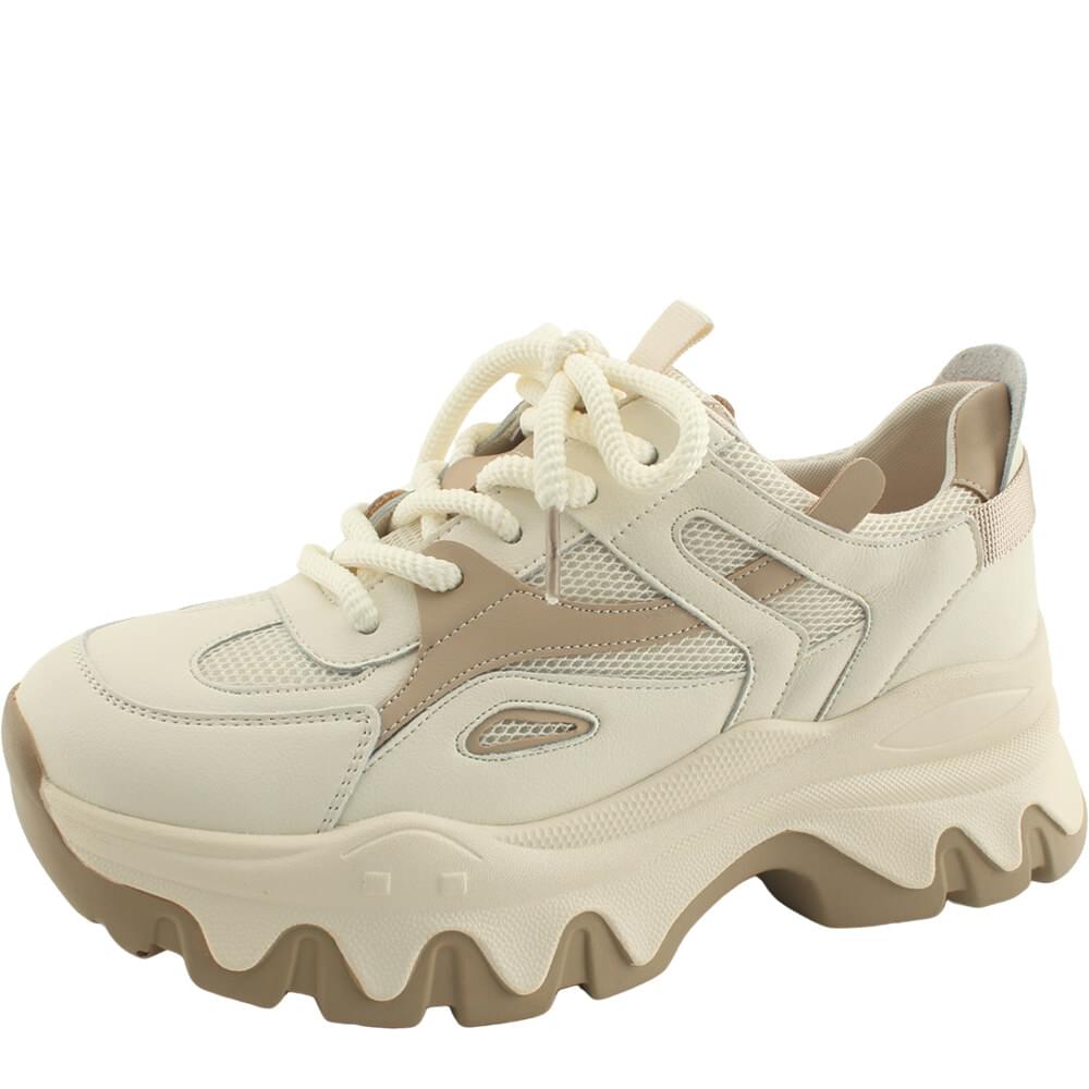 Cowhide mesh wide heel sneakers 6cm beige