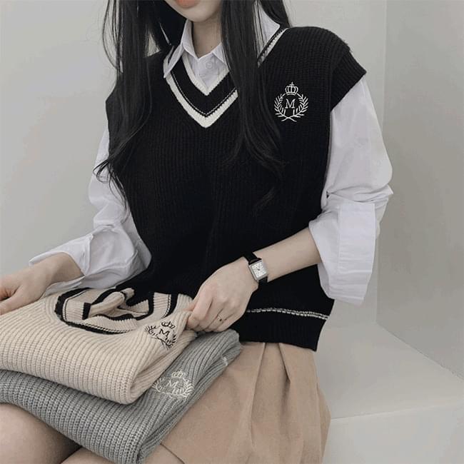 Piyu color matching line embroidery V-Neck Knitwear vest