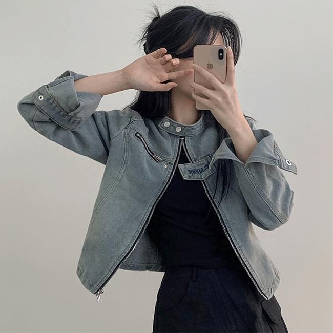Dende Racer Faded Denim Crop Zip-up Jacket