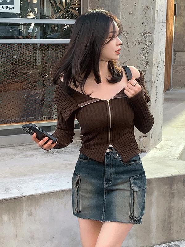 Hatsuko Off-Shoulder Knitwear Zip-up