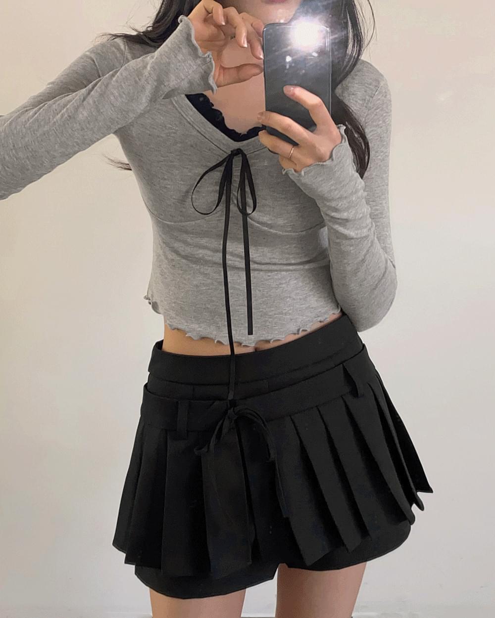 Pla Sleeveless Integrated Ribbon Ballet Core Shirring Wavy Long Sleeve T-Shirt