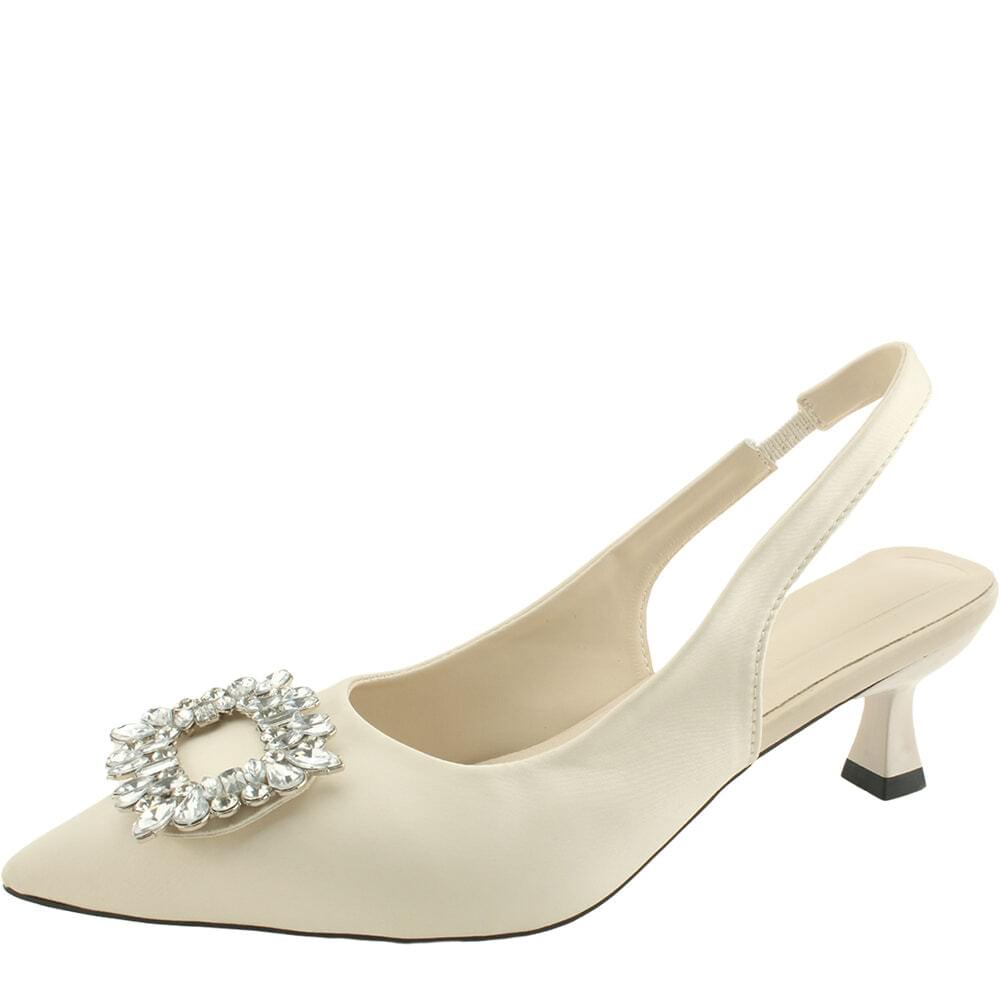 Cubic satin stiletto heel slingback middle heel ivory