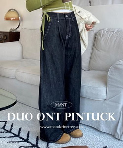 Water-repellent duo pin tuck wide high waist Raw denim Black Denim blue jeans denim pants 1 color