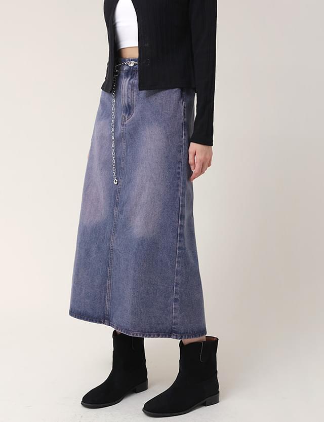 Lecheo long back banding denim skirt 74134