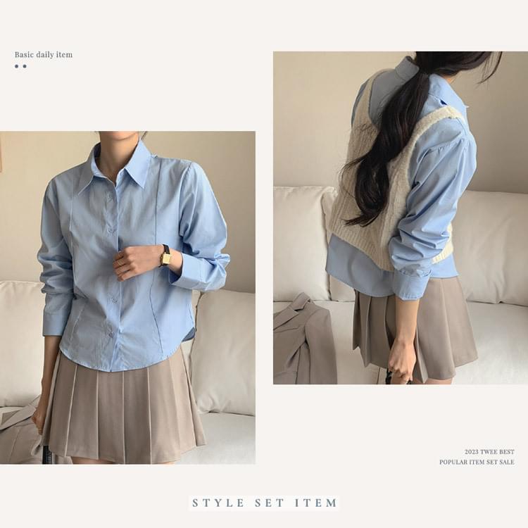 Hanyua Split Line Cotton Shirt & Wool Cable Square Neck Knitwear Vest