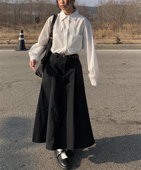 Chaney belt set pin tuck long skirt