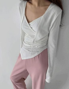 Shirring Wrap Cap Sleeveless & Open Cardigan Set
