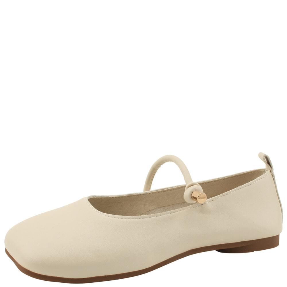 Square toe strap Mary Jane soft flat shoes light beige