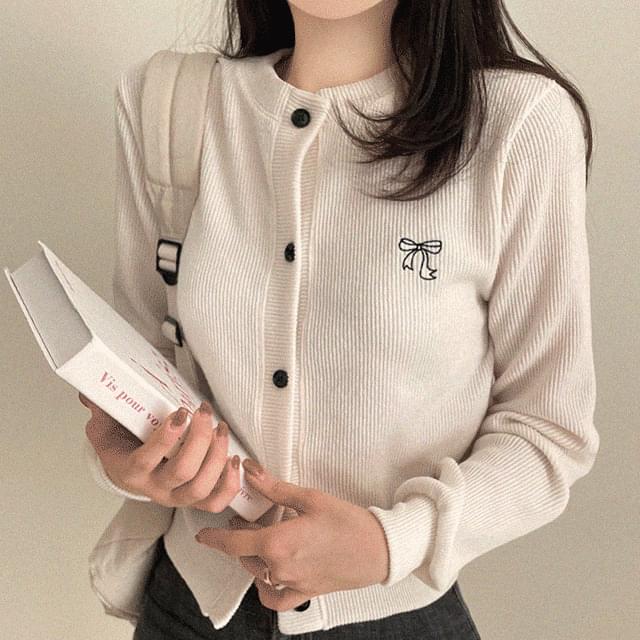 Ribbon embroidery Ribbed Knitwear cardigan 3 colors