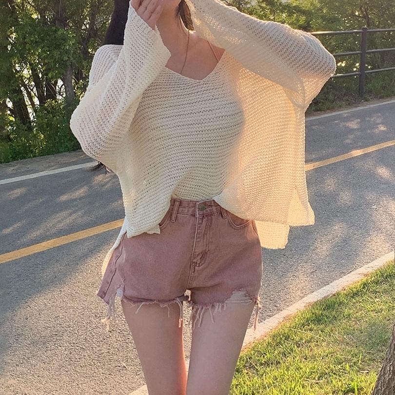 V-Neck Loose-fit Fit See-Through Unfooted Bookle Knitwear