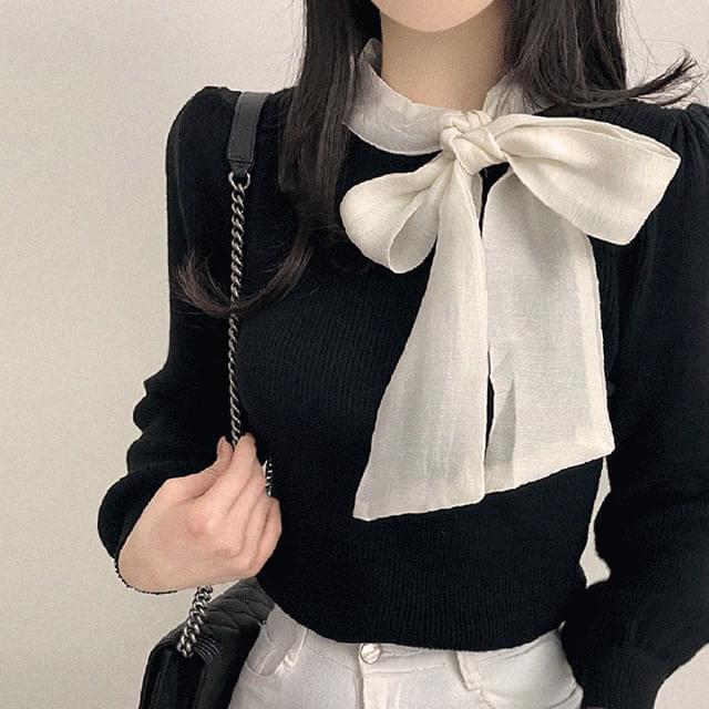 Rich Ribbon Scarf Puff Sleeve Knitwear 4color