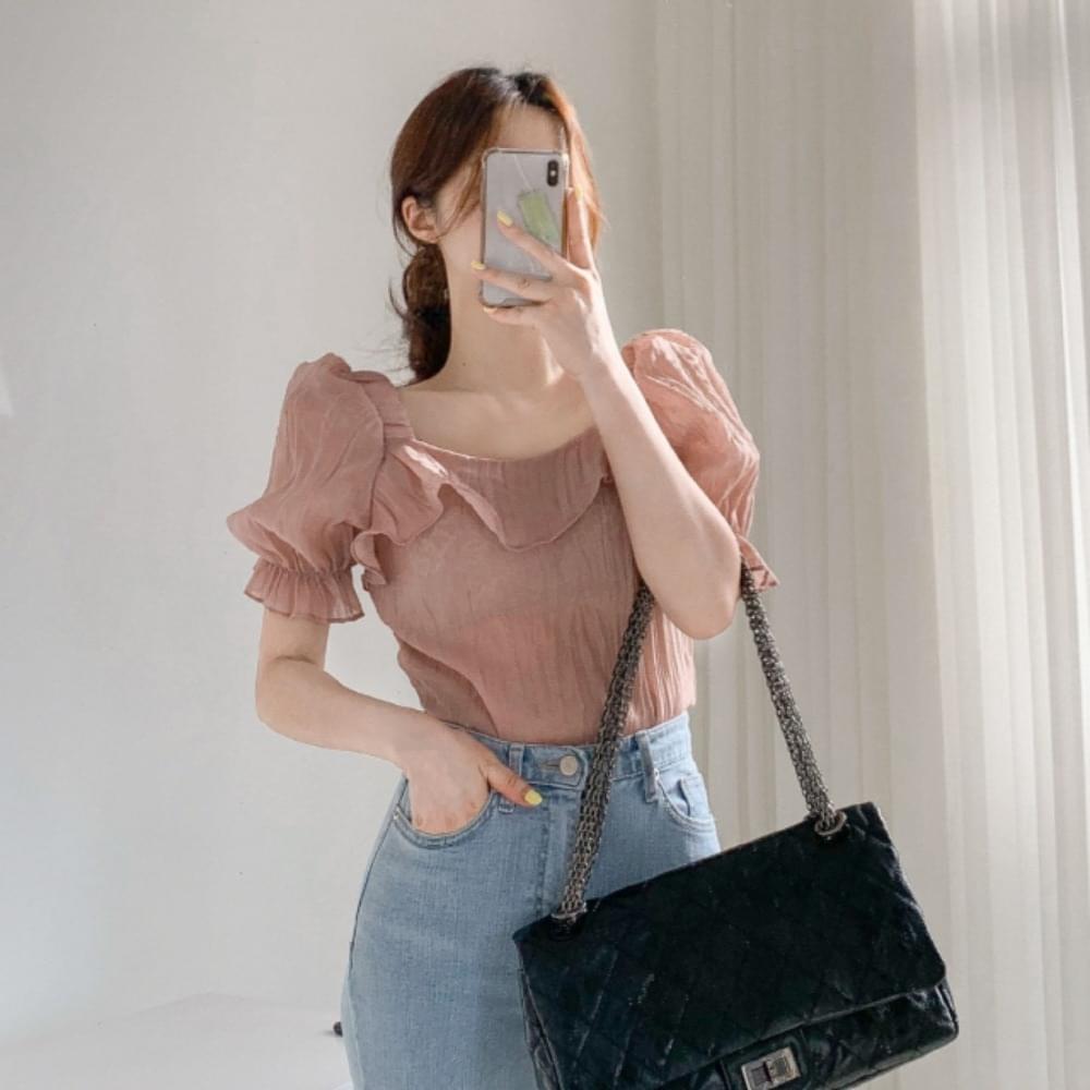Summer frill square neck shirring puff balloon see-through short sleeve blouse pink beige cream conch