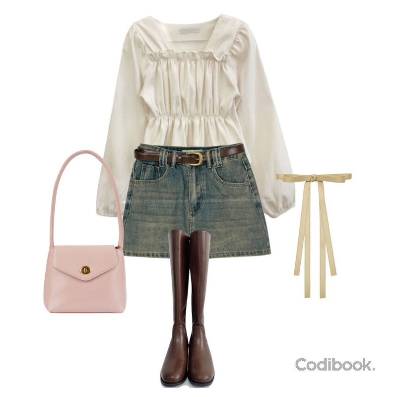 porterna 써니 에드 숄더 백,NONCODE 리든 레더 롱 부츠,porterna 로라 리본 헤어 핀등을 매치한 코디