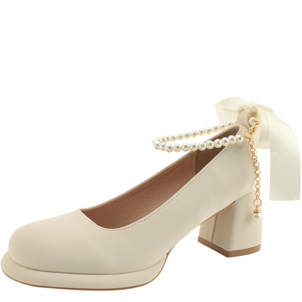 Pearl strap ribbon gaboshi middle heel shoes beige 跟鞋