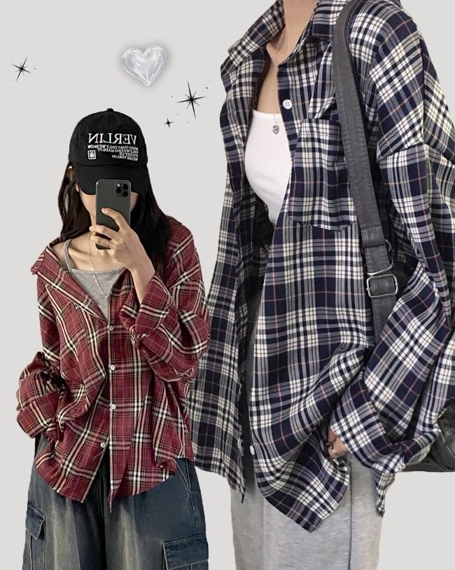 Pocho Nerd Overfit Big Check Vintage Long Sleeve Shirt