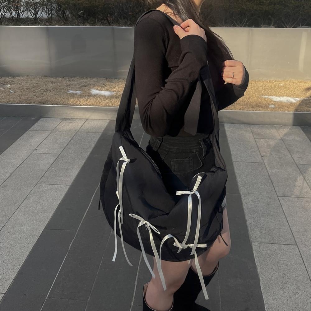Ribbon padded string shirring cross bag big size messenger bag canvas bag Fleece-lined lining satin bag daily unique teen 3COL