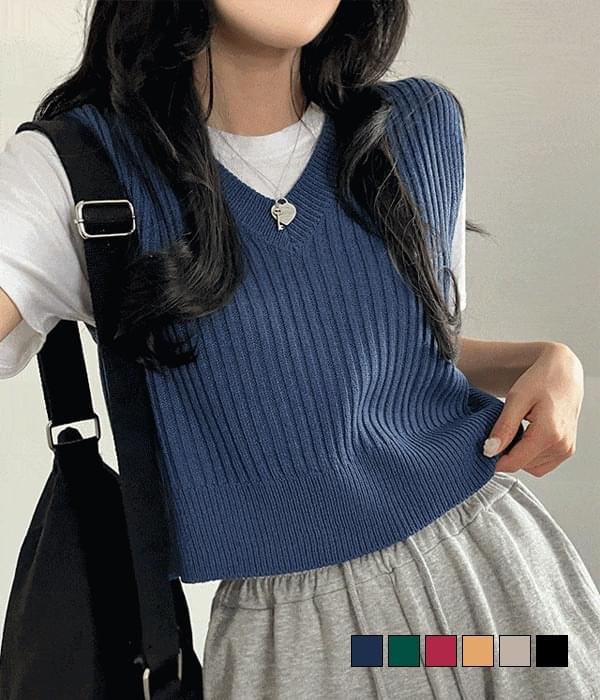 Vivid Color Ribbed V- V-Neck Crop Knitwear Vest Vest 开襟衫