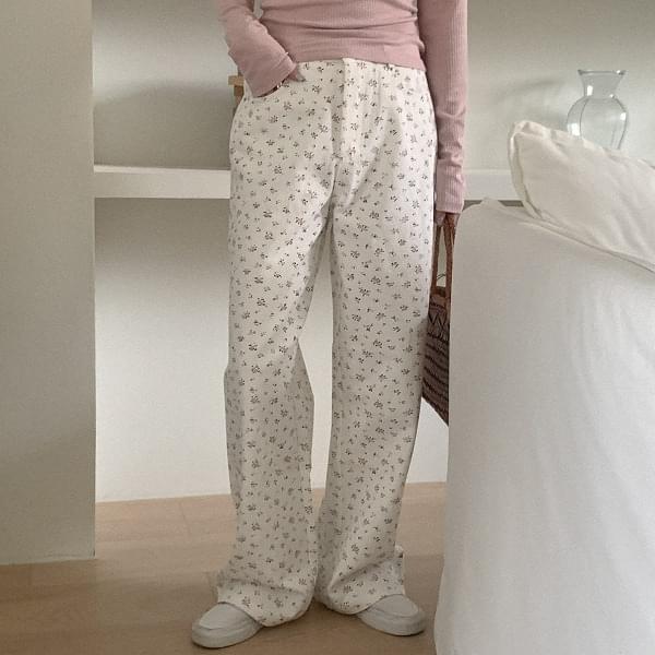 Racer wide flower cotton pants 长裤