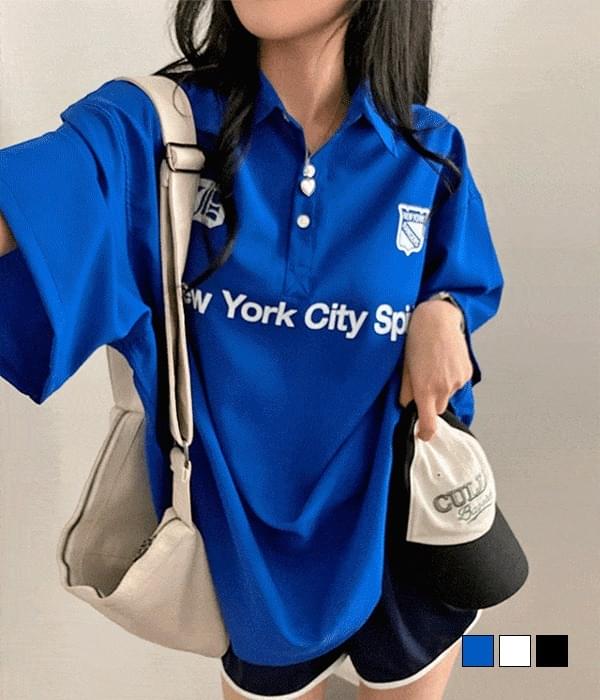 New York Mark Y2K Lettering Collar Jersey Button Loose Fit Loose-fit Sleeve T-Shirt