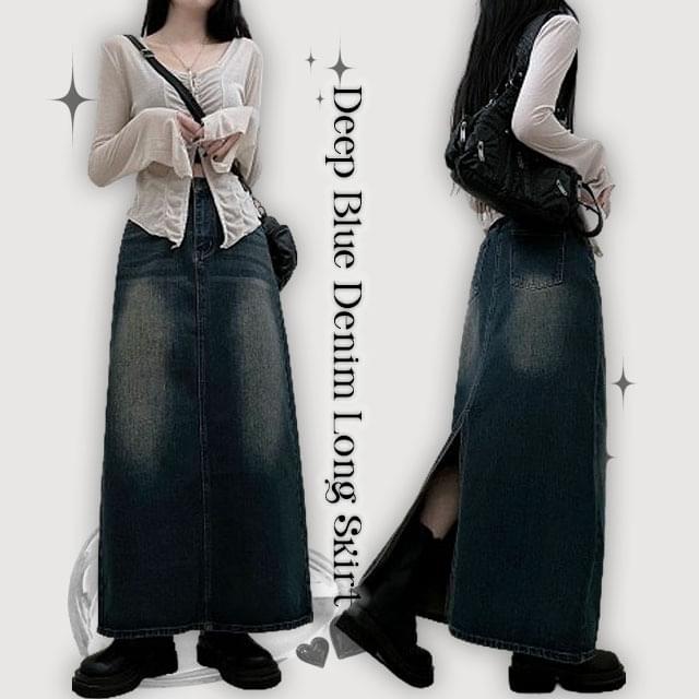 Deep Dark Blue Faded Long Skirt