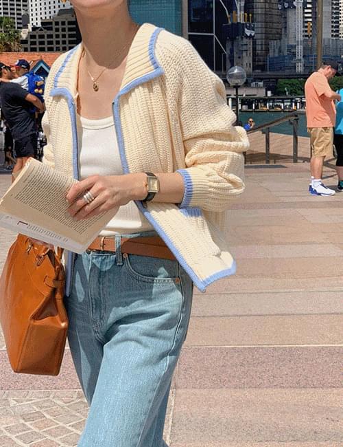 Sunny color combination zip-up cardigan