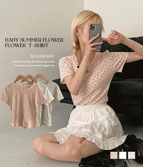Baby Summer Flower Small Flower Ribbed Ribbed Sleeve T-shirt 短袖上衣