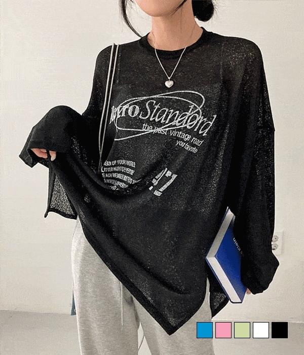 Retro 47, hip lettering long slab see-through long sleeve T-shirt