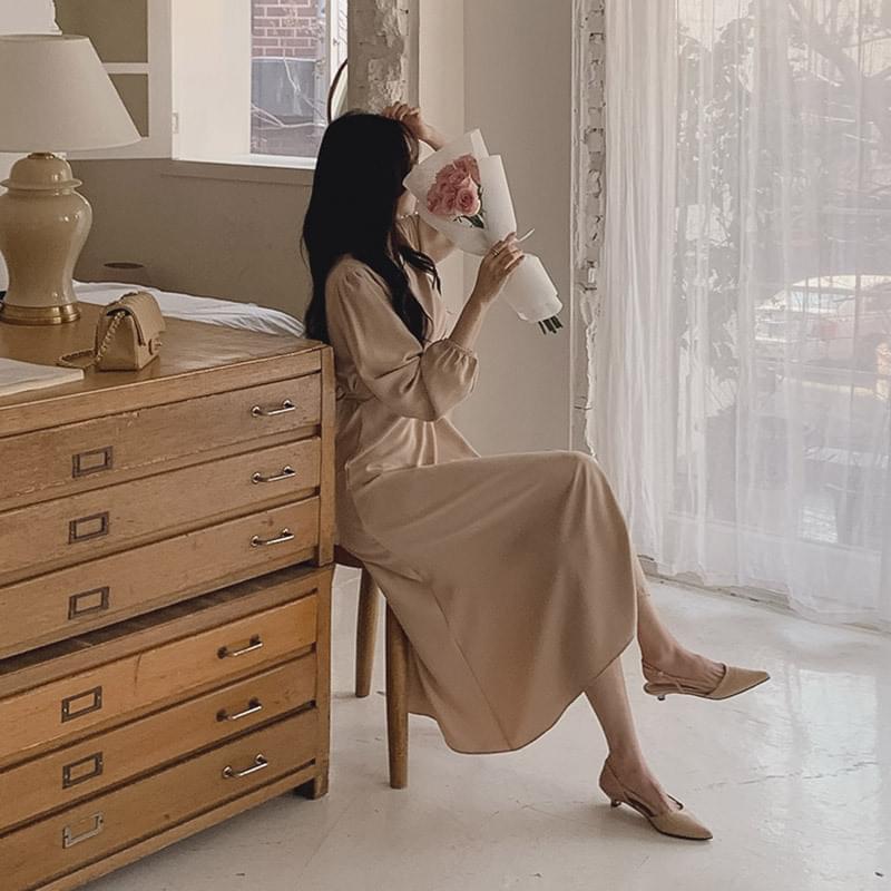 Pliche shirring flare long Dress