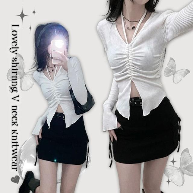 Lena shirring Split halter Ribbed Knitwear long sleeve