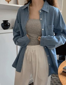 Bust-to-pocket collared denim shirt Shirt