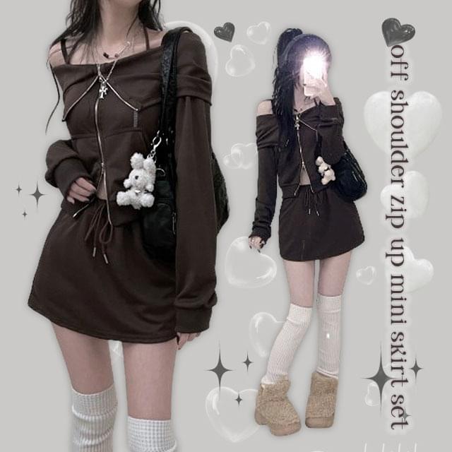 Chance halter off-shoulder zip-up + banding miniskirt set