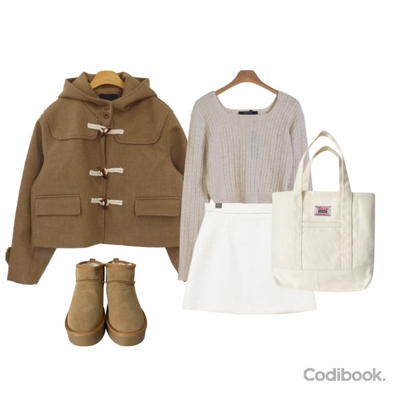 frenchaube 휘핑 울 떡볶이 더플 숏 크롭 코트 겨울 자켓(2color),heyrozy wendie - 숏어그부츠shoes,heyrozy tiny - 스프링캔버스토트bag등을 매치한 코디