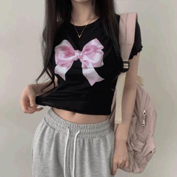 Teens Frill Ribbon Print Crop Short Sleeve T-Shirt