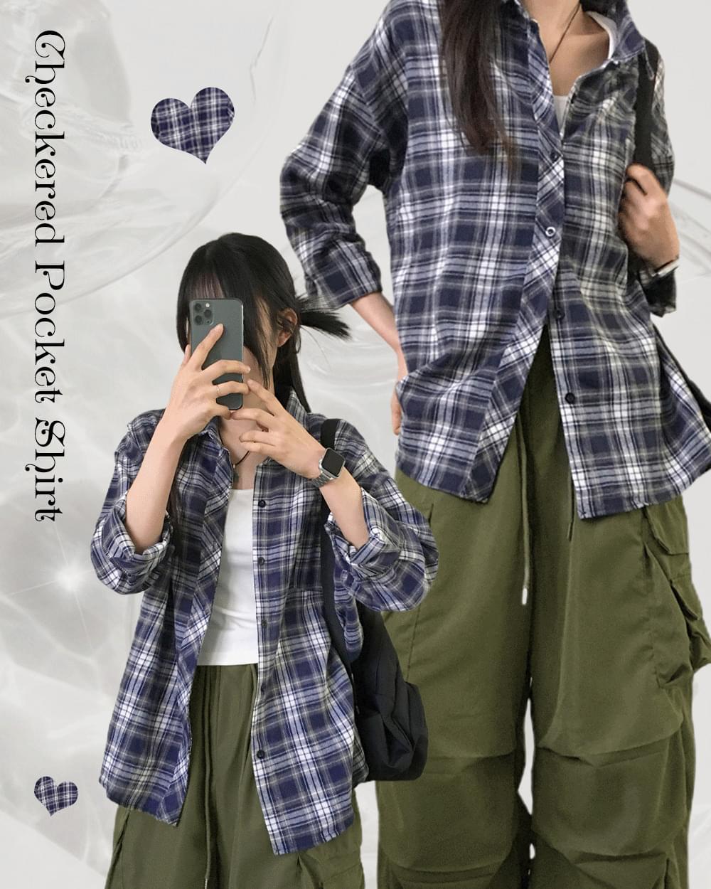 簡約寬鬆復古格紋長袖襯衫