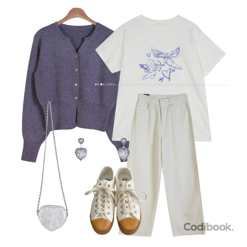 DAILYJOU 돌먼 스니커즈 - 3 color,porterna 듀이 하트 이어링,dangosister 페어리퍼프하찌CD(9c) 라운드 브이넥 버튼 봄가디건 파스텔 비비드 크롭 슬림핏 베이직 골지 기본가디건등을 매치한 코디