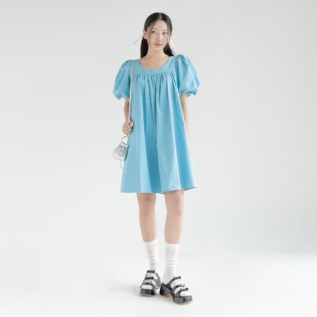 55-77 Cardi Un-neck Cotton Shirring Puff Mini One Dress