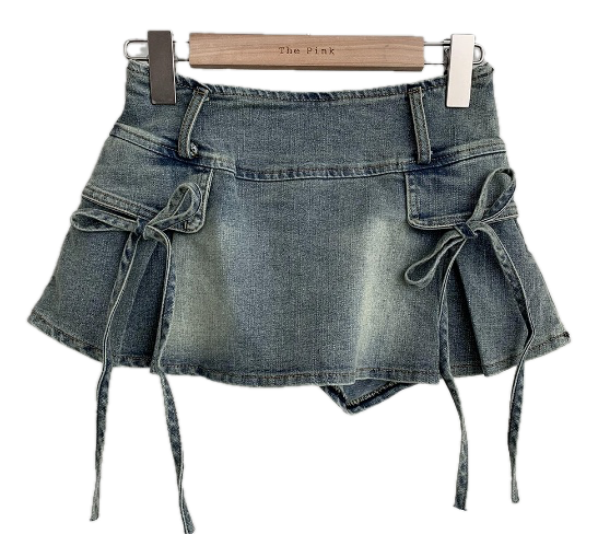 Earth low waist ribbon micromini denim skirt pants