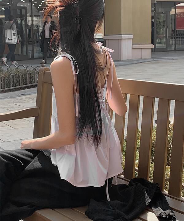 Summer Corset Shirring Sleeveless Ribbon Blouse (Ships Today)
