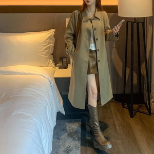 High-quality standard single button collar Loose-fit long trench coat back slit mid-season overfit half burberry coat spring mid-season