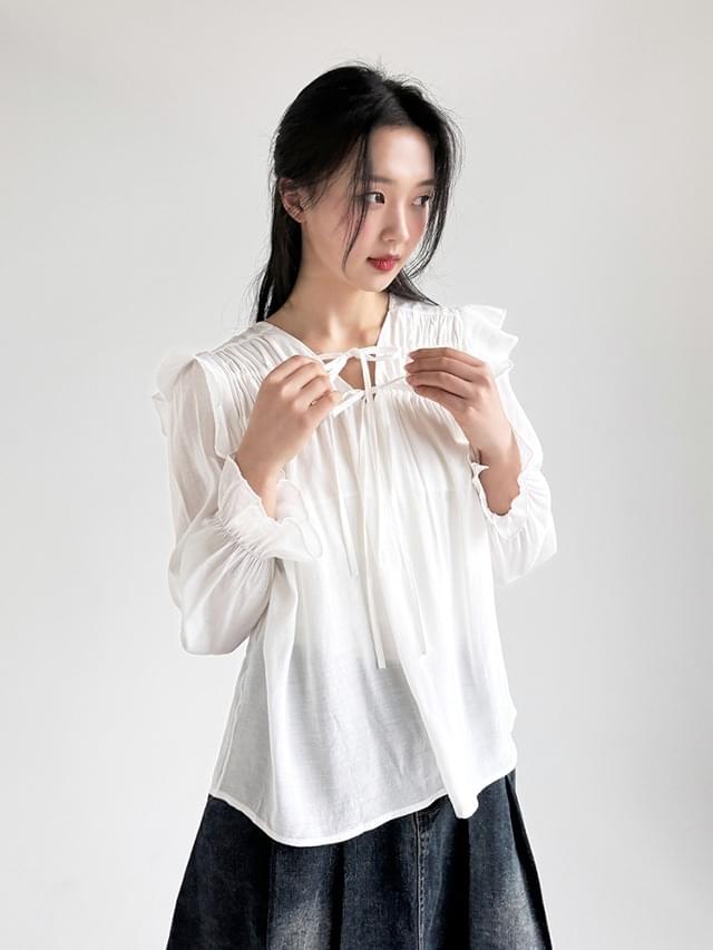 Big size 55-88 Bomi frill V-Neck ribbon shirring blouse cherry blossom look