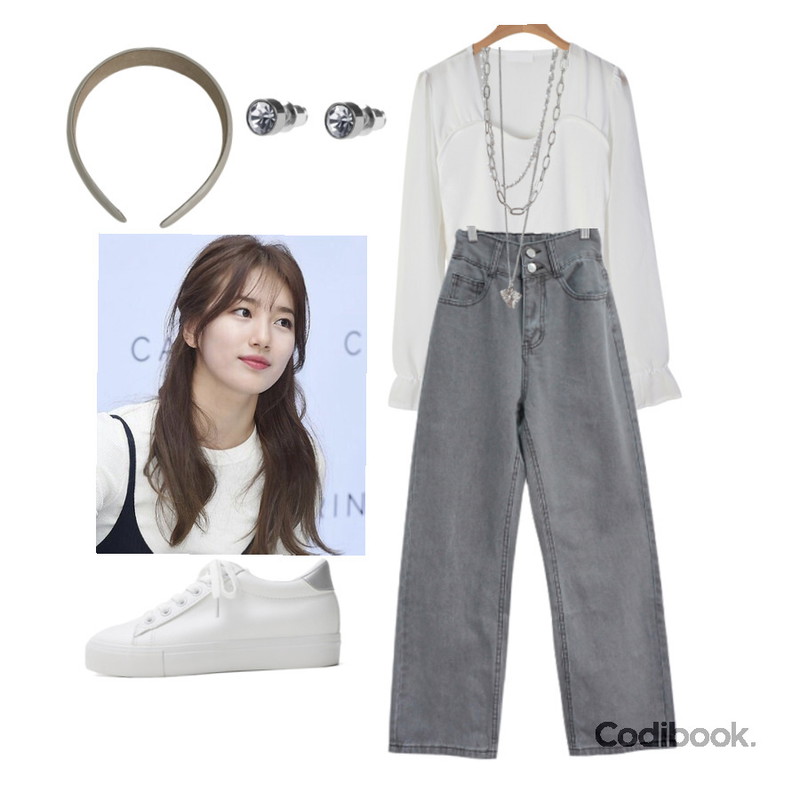 BULLANG GIRL 투버튼 와이드 밴딩 데님 팬츠,SOMEDAYS 플라이 진주 레이어드 네크리스,ITSHU 화이트 통굽 키높이 스니커즈(속굽포함4.2cm) 11326등을 매치한 코디