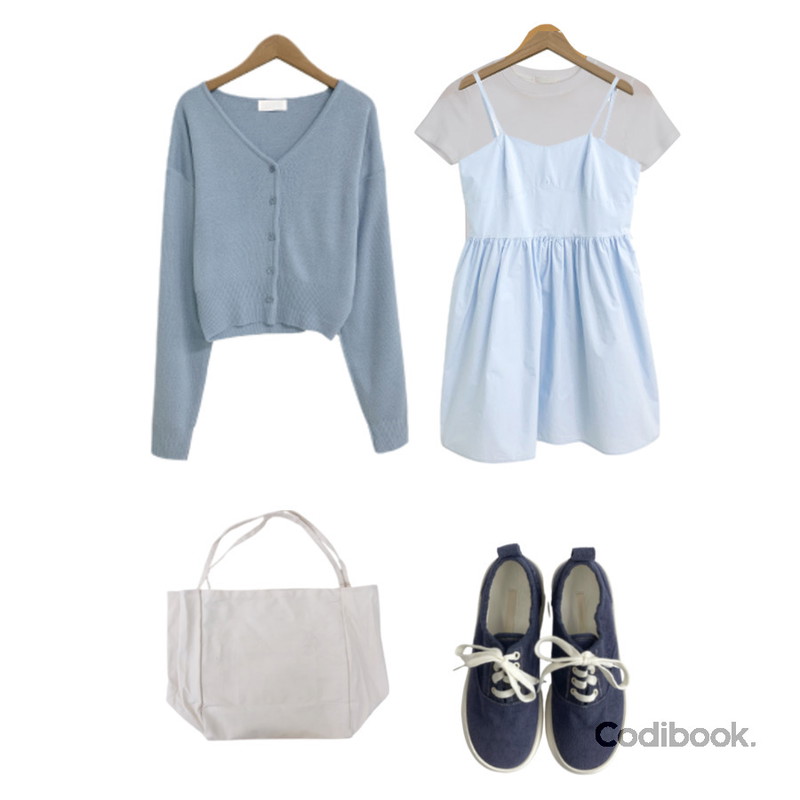 DAILYJOU 키튼 스니커즈 - 4 color,ccomeng 워싱캔버스에코백(4color),MAGLE 핀턱 슬리브 원피스 - 2 color등을 매치한 코디